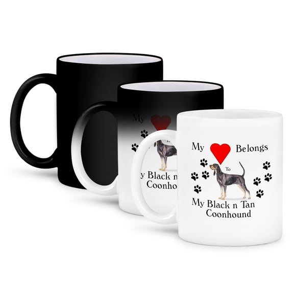 3dRose, Image of Black Tan Coon Hound With Red Heart And Paw Prints, 11oz Magic Transforming Mug