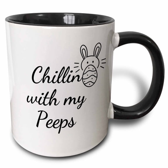 3drose, Image of Bunny with Egg and Text of Chillin with My Peeps, 15oz Two-tone Black Mug
