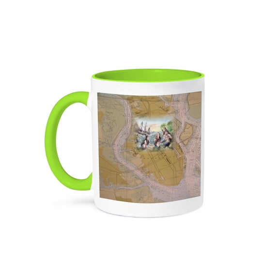 3dRose, Image of Charleston South Carolina Vintage Map With Mermaids, 11oz Two-Tone Green Mug