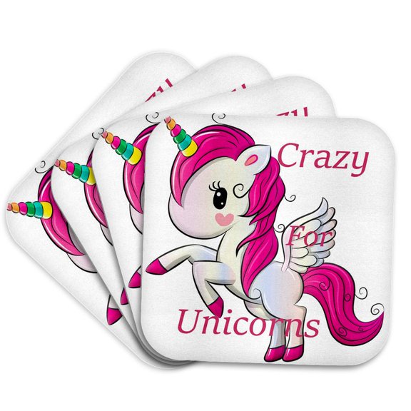 3drose, Image of Cute Unicorn Cartoon with Words Crazy for Unicorns, Set of 4 Coasters - Soft