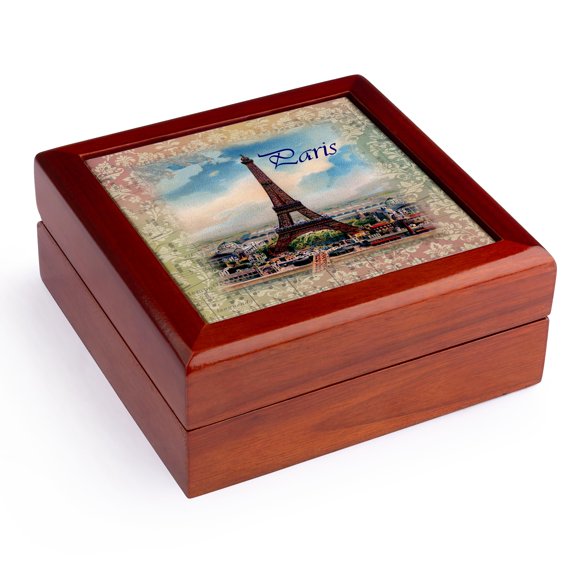 3dRose, Image of Eiffel Tower On Old Music Sheet With Word Paris, Jewelry Box 5.5x5.5 inch with 4 inch tile