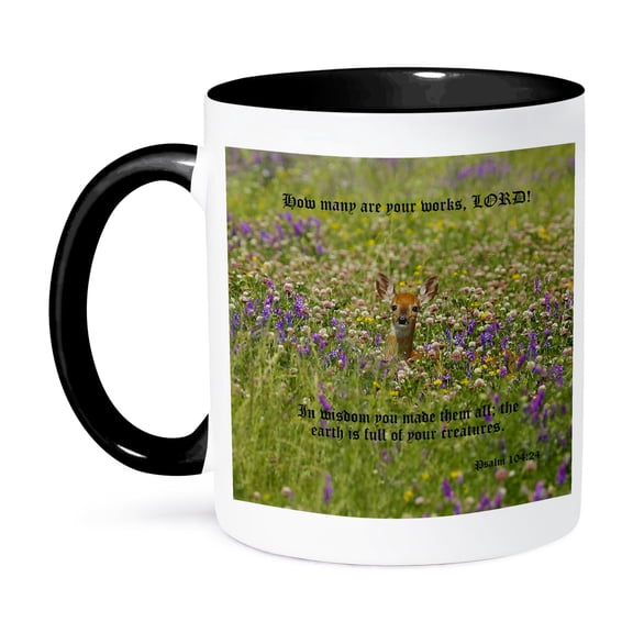 3dRose, Image of Fawn In Field with Springtime Blooming Purple and Pink , 15oz Two-Tone Black Mug