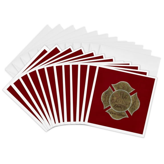 3drose, Image of Firefighter Emblem Design, Gray Ribbon Look on Red or Maroon, 12 Greeting Cards with Envelopes