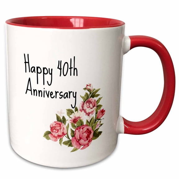 3drose, Image of Floral Happy 40th Anniversary Quote, 11oz Two-tone Red Mug