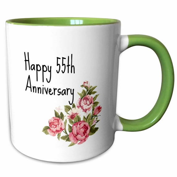 3drose, Image of Floral Happy 55th Anniversary Quote, 11oz Two-tone Green Mug