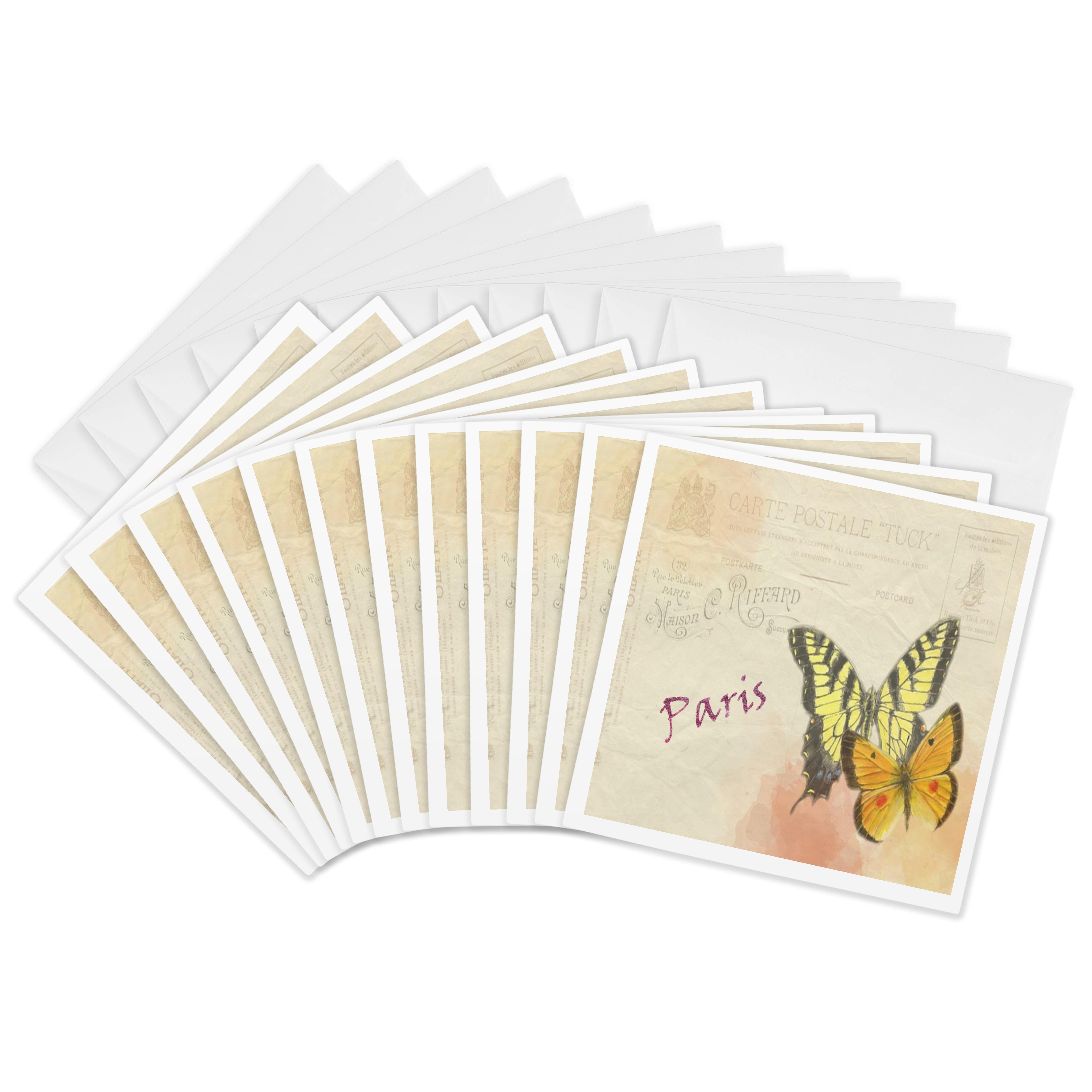 3dRose, Image of French Postcard With Floral Word Paris And Butterflies, 12 Greeting Cards with envelopes