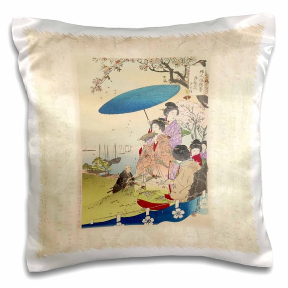 3dRose, Image of Geishas Under Cherry Blossom Tree Painting, 16x16 inch Pillow Case