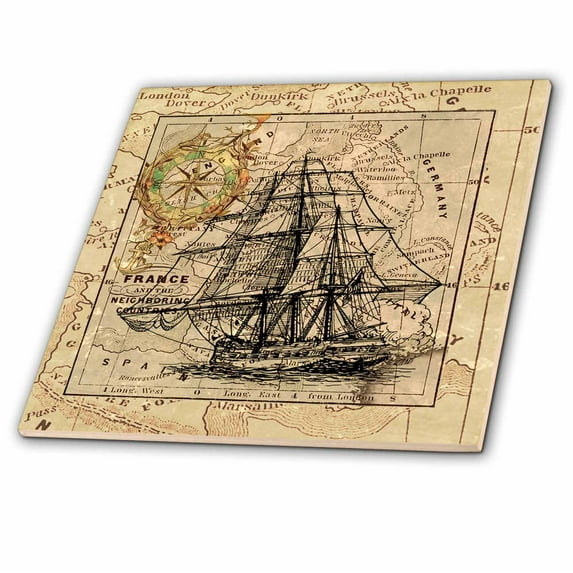 3dRose, Image of Ghost Ship Over Vintage French Map, 8 Inch Glass Tile