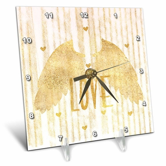 3dRose, Image of Gold Stripes Hearts Love Angel Wings, 6x6 Desk Clock