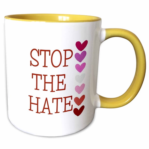 3drose, Image of Heart with Text Stop the Hate, 15oz Two-tone Yellow Mug