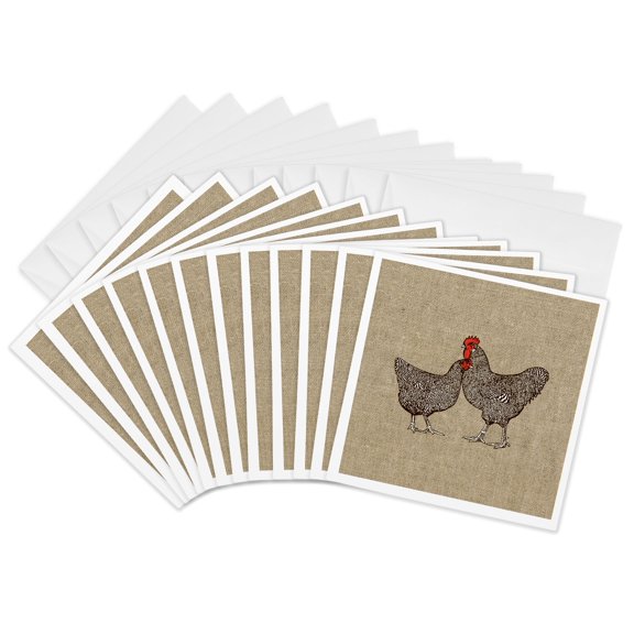 3drose, Image of Hen and Cockerel over Linen Background- Not Actual Linen, 12 Greeting Cards with Envelopes
