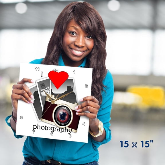 3dRose, Image of I Love Photography With Camera, 15x15 Wall Clock