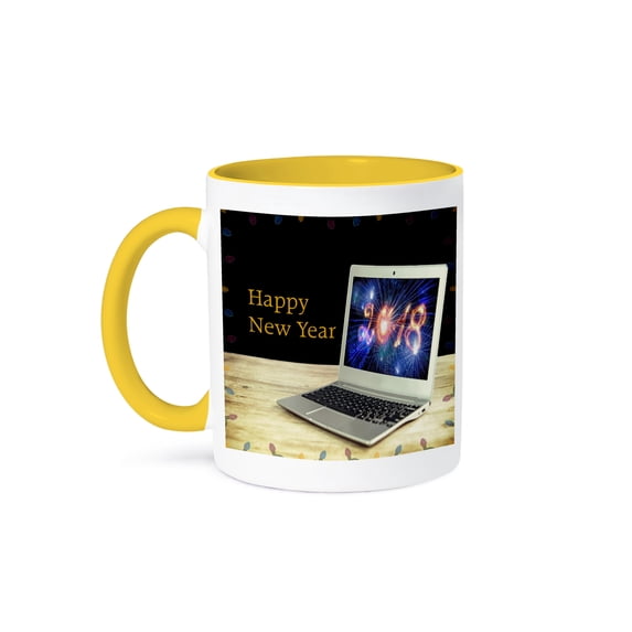 3dRose, Image of Laptop With Fireworks and 2018 Happy New Year, 15oz Two-Tone Yellow Mug