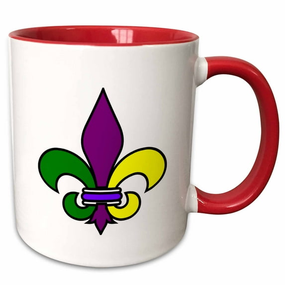 3drose, Image of Large Fleur De Lis in Purple Yellow and Green for Mardi Gras, 15oz Two-tone Red Mug