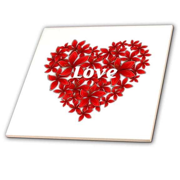 3dRose, Image of Large Red Floral Heart With Word Love, 6 Inch Ceramic Tile