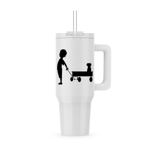 Image Of Little Boy Leads Puppy In Wagon, 40oz Tumbler