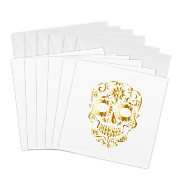 3drose, Image of Metallic Gold Sugar Skull, 6 Greeting Cards with Envelopes