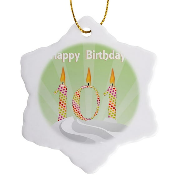3drose, Image of Number 101 Candle with Colorful Dots on Top of Whipped Icing Happy Birthday, 3 inch Snowflake Porcelain Ornament