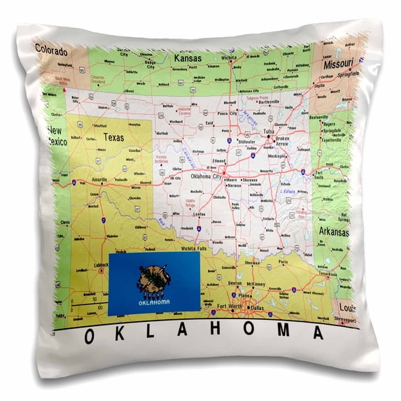 3drose, Image of Oklahoma Topographic Map with Flag, 16x16 inch Pillow Case
