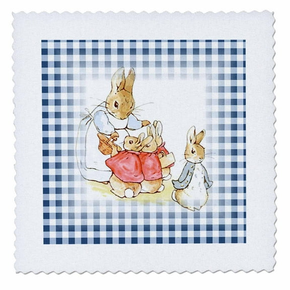 3dRose, Image of Peter Rabbit Scene on Blue Checks, 12x12 inch quilt square