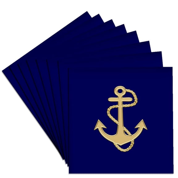 3dRose, Image of Popular Gold Anchor With Chain On Navy Blue, Set of 8 Ceramic Tile Coasters