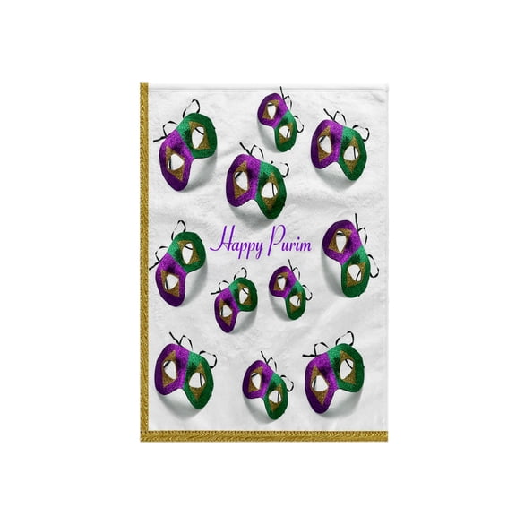 3dRose, Image of Purple And Green Purim Masks With Happy Purim, 15x22 Hand Towel