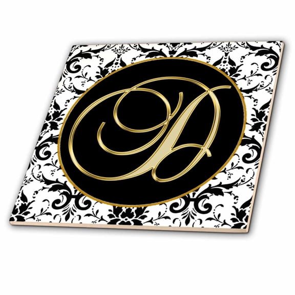 3dRose, Image of The Script Letter D in Black White and Gold, 4 Inch Ceramic Tile