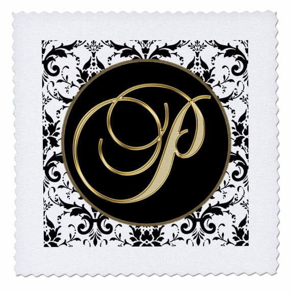 3dRose, Image of The Script Letter P in Black White and Gold, 10x10 inch quilt square