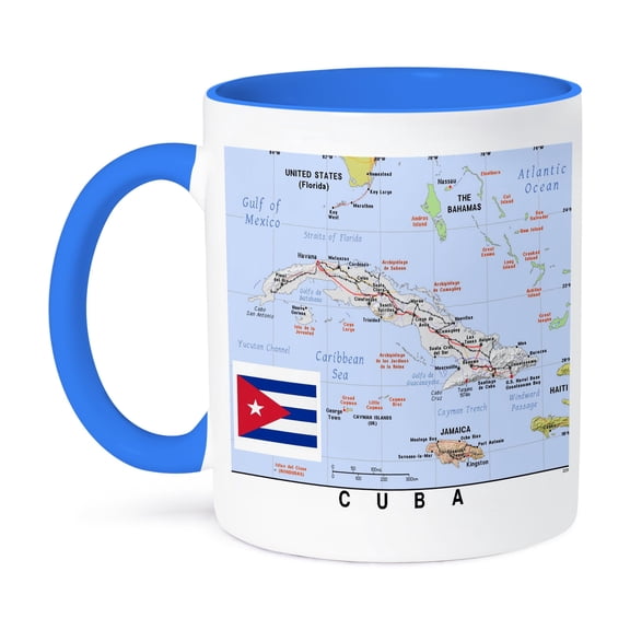 3dRose, Image of Topo Map of Cuba With Flag and Seas, 11oz Two-Tone Blue Mug