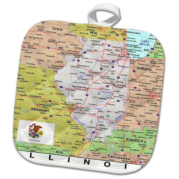 3dRose, Image of Topographic Map of Illinois n State Flag, 8x8 Potholder