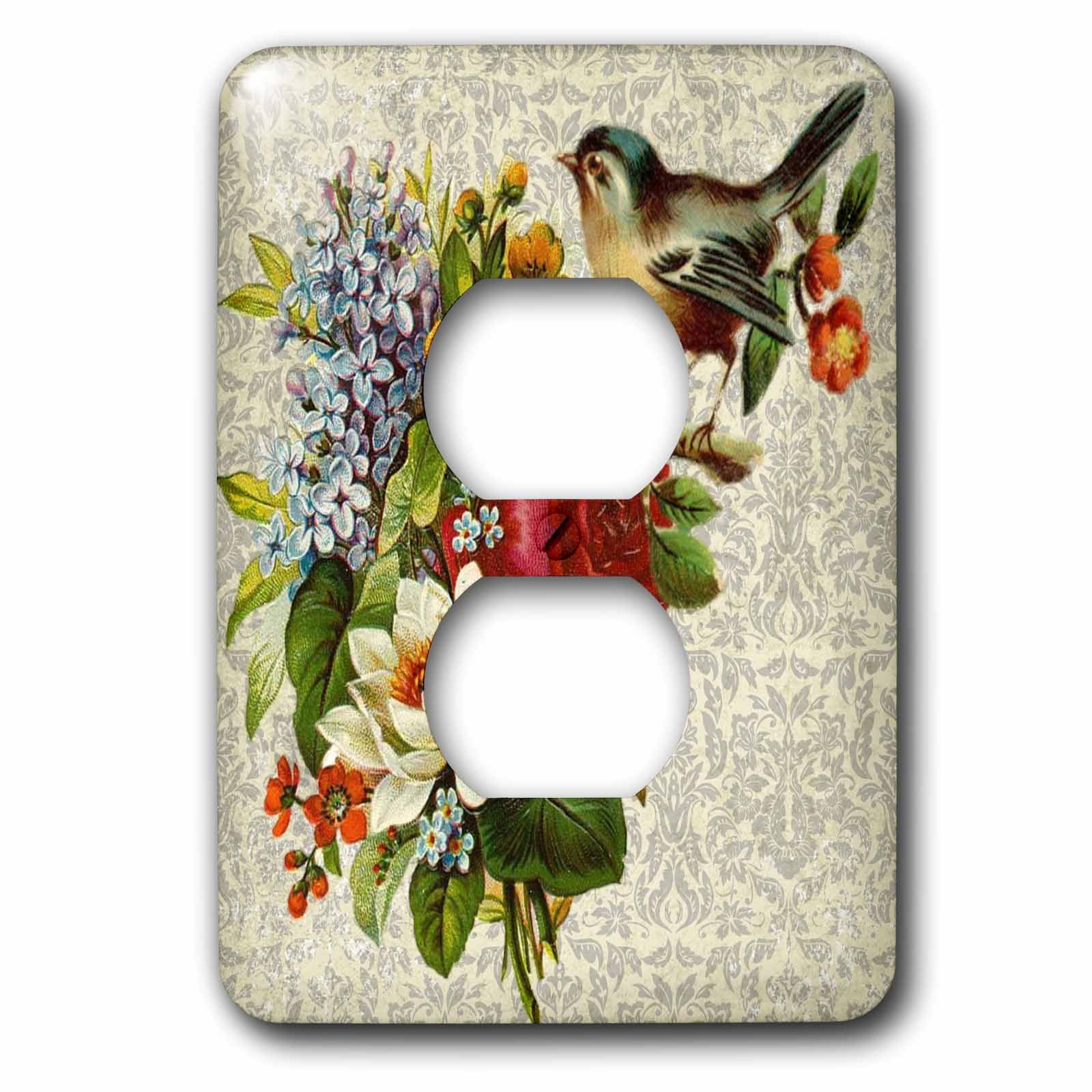 3dRose, Image of Vintage Lilac Flowers Red Rose And Bird On Damask, 2 plug outlet cover