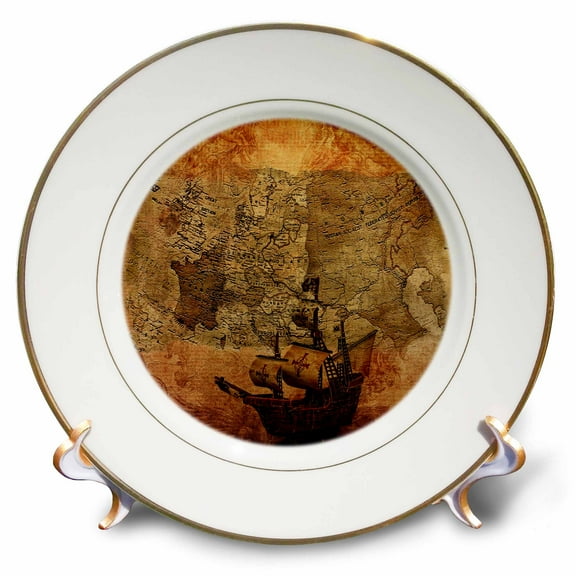 3dRose, Image of Vintage Russia n Europe Map With Pirate Ship, 8 inch Porcelain Plate