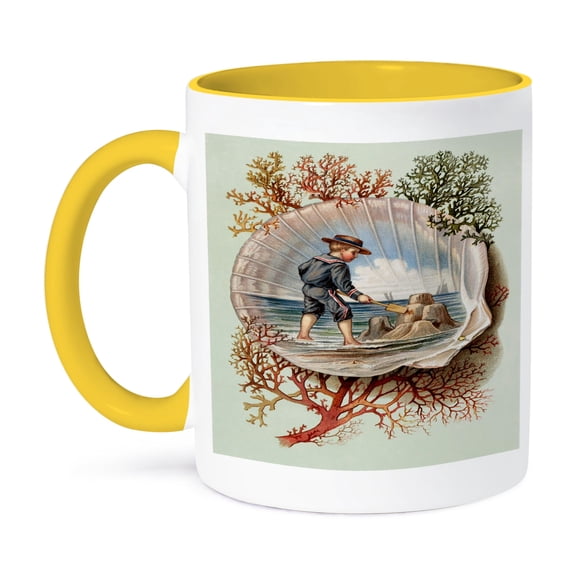 3dRose, Image of Vintage Sailor Boy Builds Sand Castle, 11oz Two-Tone Yellow Mug