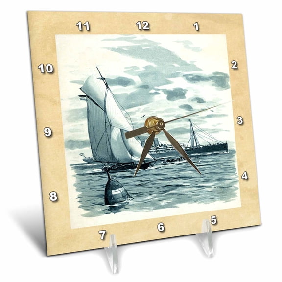 3dRose, Image of Vintage Style Blue Cruise Ship and Buoy, 6x6 Desk Clock