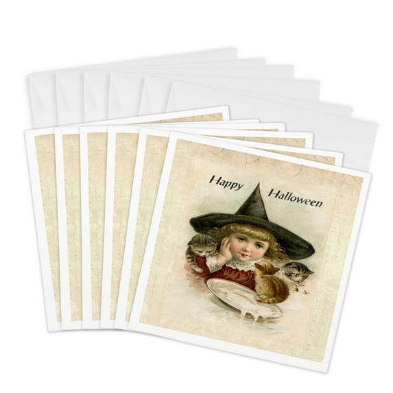 3dRose, Image of Vintage Sweet Faced Girl With Kittens And Witch Hat, 6 Greeting Cards with envelopes