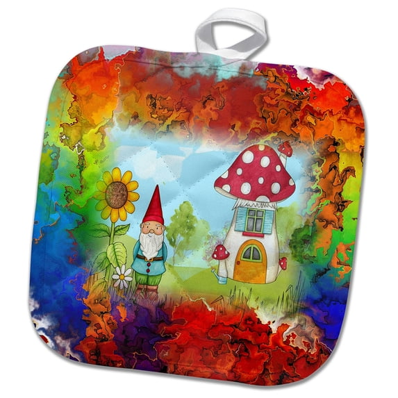 3dRose, Image of Watercolor Red Blue and Orange With Gnome, 8x8 Potholder
