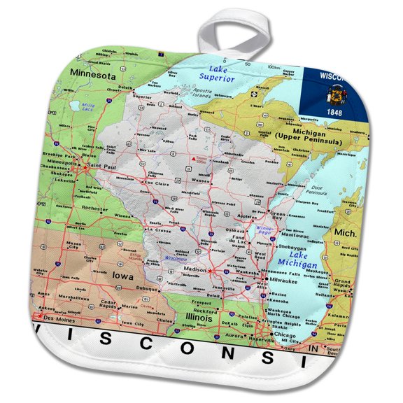 3dRose, Image of Wisconsin Topographic Map With Flag, 8x8 Potholder