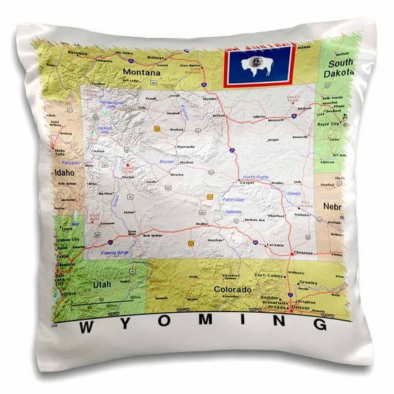 3drose, Image of Wyoming Topographic Map with Flag, 16x16 inch Pillow Case