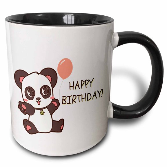 3drose, Image of a Panda with Balloon and Text of Happy Birthday, 11oz Two-tone Black Mug