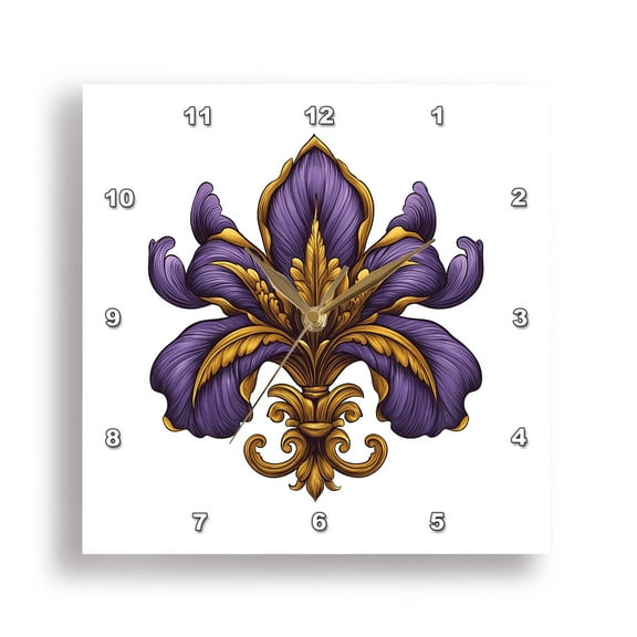 3dRose, Image of a decorative purple, yellow fleur-de-lis Mardi Gras symbol, 15x15 Wall Clock