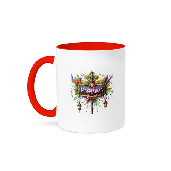 3drose, Image of a Fantasy Mardi Gras Sign with Lanterns, Beads, Feathers, 11oz Two-tone Red Mug