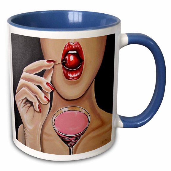 3drose, Image of a Lady Eating a Cherry from Her Martini., 11oz Two-tone Blue Mug