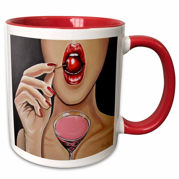 3drose, Image of a Lady Eating a Cherry from Her Martini., 11oz Two-tone Red Mug