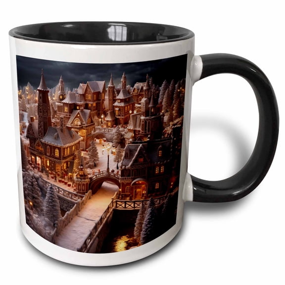 3drose, Image of a Lighted Up Christmas Gingerbread Village at Night with Snow, 11oz Two-tone Black Mug
