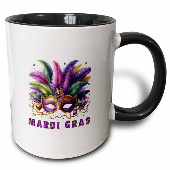 3drose, Image of a Purple Mardi Gras Mask, Feathers, Beads, Cool Family Gift, 15oz Two-tone Black Mug