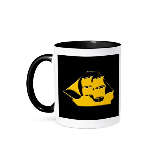 3dRose, Image of a vintage tall ship. Good luck charm, amulet Yellow, black, 11oz Two-Tone Black Mug