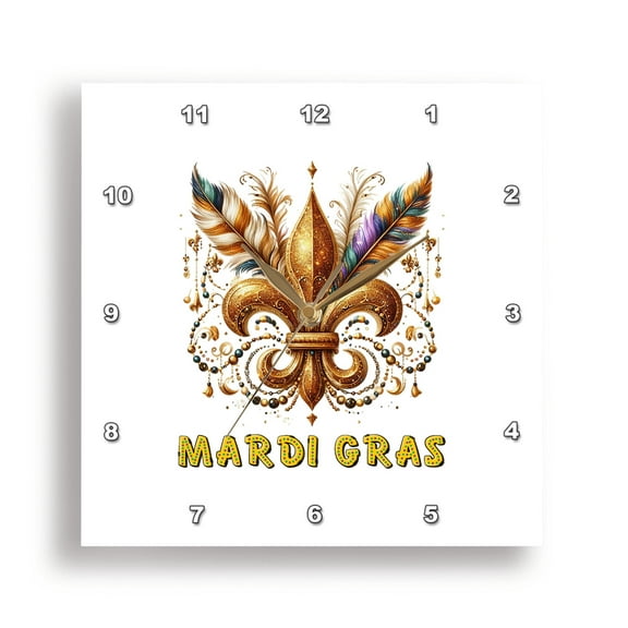 3dRose, Image of a yellow fleur-de-lis with feathers, beads, Mardi Gras gift, 15x15 Wall Clock