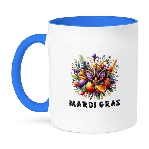 3drose, Image of Colorful Fruits, Leaves, Feathers. Awesome Mardi Gras Gift, 11oz Two-tone Blue Mug