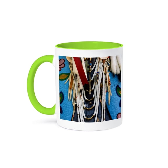 3dRose, Image of elements, beads, decorations of a native American costume, 11oz Two-Tone Green Mug
