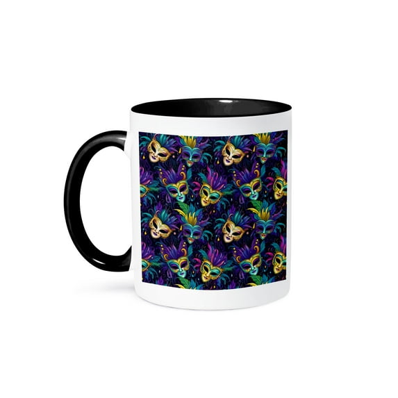3drose, Impressive Mardi Gras Masks, Colorful, Feathers, Beads, Charming Gift, 15oz Two-tone Black Mug